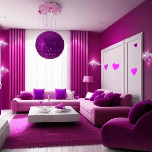 Prompt: Create a purple themed livingroom that is decorated with Valentine's Day theme decorations