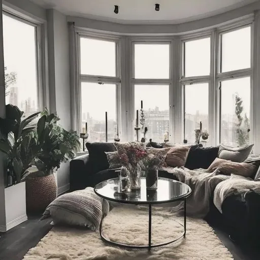 Prompt: A cozy serene livingroom with some candles on the glass coffee table, add flowers and pictures on the walls have a big bay window looking out at the city have it at night