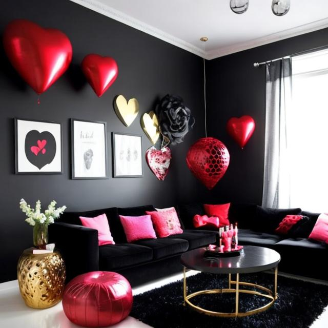 Prompt: Create a black themed livingroom that is decorated with Valentine's Day theme decorations