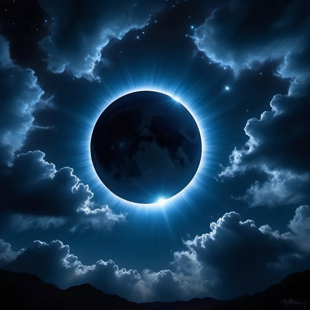 Prompt: Night sky (with celestial eclipse), vivid stars, radiant sun, deep blue canvas, cosmic ambiance, soft glowing edges, ethereal atmosphere, tranquil yet dramatic scene, contrasting light and shadow, (highly detailed), (ultra-realistic), celestial phenomena, soothing color palette, rich textures, captivating spectacle, captivating depth, visual harmony.