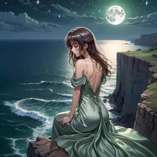 Prompt: Birds eye view of a Sad anime woman with dark brown hair green eyes in a mythical fantasy silver silk dress crying under the moon and fading stars at dawn on a cliffs edge overlooking the ocean