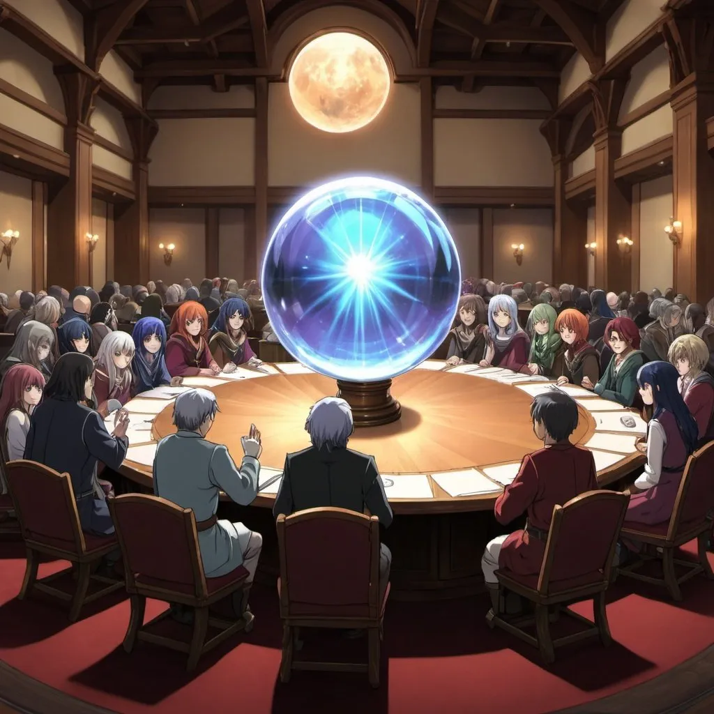 Prompt: Anime. A conference of mage’s. A large table with a crystal ball at the center. A large room with lots of people