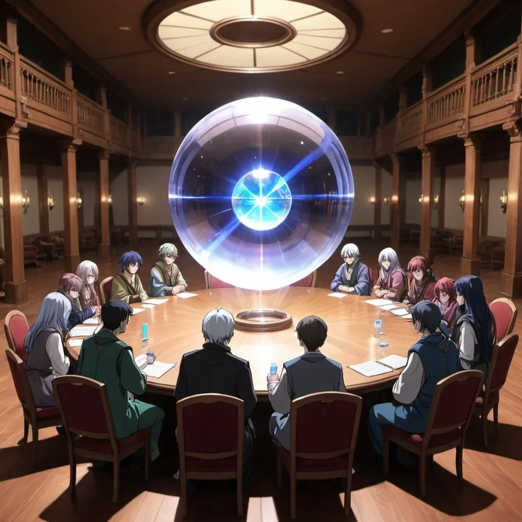 Prompt: Anime. A conference of mage’s. A large table with a crystal ball at the center. A large room with lots of people