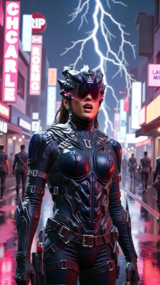 Prompt: @y2pgvfMABU5cPceESOsA is screaming with pain as the thunder storm with lightening overcomes the neon lit city street. neon lit street signs displaying "RIP CHARLIE" and "REMI" and "CODM". photo realistic