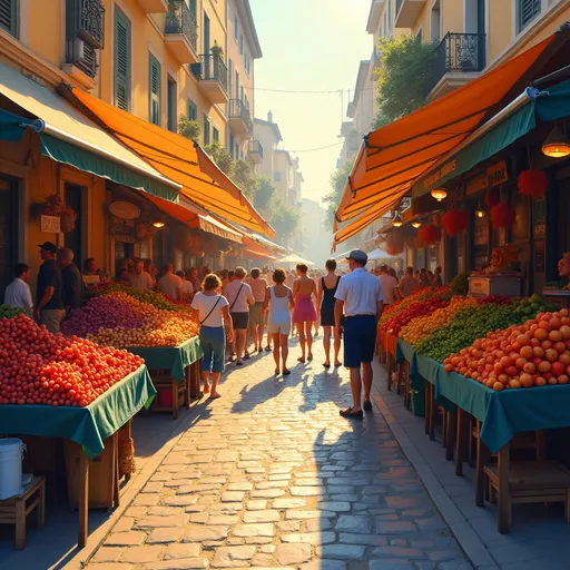 Prompt: A lively street market bursting with colorful stalls of fresh produce, sunlit cobblestones glow under golden hour light, capturing the joyous essence of bustling crowds in an impressionist style.