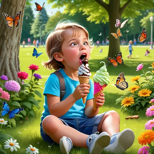 Prompt: "Generate a realistic image of a child enjoying an ice cream cone in a park surrounded by trees and butterflies. The scene depicts a sunny day in the park, with lush greenery and colorful flowers in bloom. A young child, wearing casual clothes, stands amidst the beauty of nature, happily licking an ice cream cone. Nearby, a vibrant butterfly flutters gracefully, adding to the idyllic atmosphere. However, just as the child takes a joyful bite of the ice cream, the scoop atop the cone tumbles to the ground, captured in mid-air as it falls. The child's expression shifts to one of surprise and disappointment as they watch the ice cream hit the grass below. The image should convey a sense of fleeting childhood moments and the bittersweetness of unexpected mishaps in a serene outdoor setting."