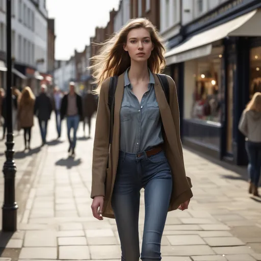 Prompt: Tall young woman walking down the high street, detailed clothing, realistic, natural lighting