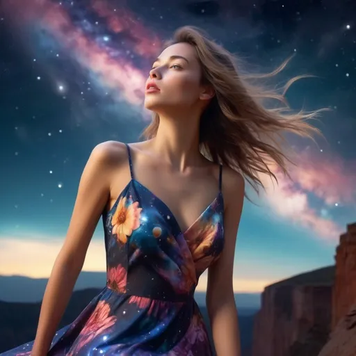 Prompt: epic masterpiece, Hyperrealistic, close up at night with (hyper detailed:1.5), petite, young, female supermodel, Insanely detailed, face turned upwards to the sky, blushing lightly with mouth open, she wears a colorful flower summer dress, surrounded by high cliffs covered in shadows, breathtaking starry night sky, galaxies, nebula,