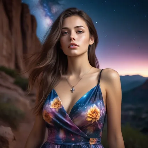 Prompt: epic masterpiece, Hyperrealistic, full body close up at night with (hyper detailed:1.5), petite, young, female supermodel with big chest, Insanely detailed, face turned upwards to the sky, blushing lightly with mouth open, she wears a colorful flower summer dress with neckline to the belly button, dress covers shoulders, surrounded by high cliffs covered in shadows, breathtaking starry night sky, galaxies, nebula,

8k photo, HDR, masterpiece, fine details, natural beauty, breathtaking, captivating, fine details, sharp, very detailed, high resolution, close up, taken with a Hasselblad H6D-100c, Hasselblad Zeiss Sonnar F 150mm f/2.8 lens, Godox SK400II Professional Compact 400Ws Studio Flash, sharp focus, fine details, 5 flash set up, Ring light for catchlight eyes, Award winning photography, pro lighting, realistic, realism 