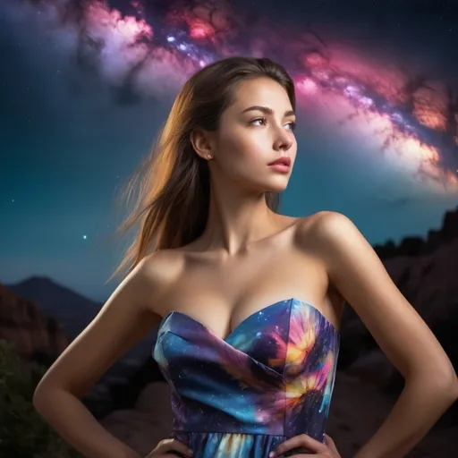 Prompt: epic masterpiece, Hyperrealistic, full body close up at night with (hyper detailed:1.5), petite, young, female supermodel with big chest, Insanely detailed, face turned upwards to the sky, blushing lightly with mouth open, she wears a colorful flower summer dress with neckline to the belly, covered shoulders, surrounded by high cliffs covered in shadows, breathtaking starry night sky, galaxies, nebula,

8k photo, HDR, masterpiece, fine details, natural beauty, breathtaking, captivating, fine details, sharp, very detailed, high resolution, close up, taken with a Hasselblad H6D-100c, Hasselblad Zeiss Sonnar F 150mm f/2.8 lens, Godox SK400II Professional Compact 400Ws Studio Flash, sharp focus, fine details, 5 flash set up, Ring light for catchlight eyes, Award winning photography, pro lighting, realistic, realism 