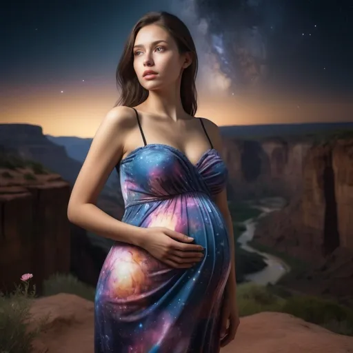 Prompt: epic masterpiece, Hyperrealistic, full body close up at night with (hyper detailed:1.5), petite, very young, pregnant, female supermodel, with big chest, Insanely detailed, face turned upwards to the sky, blushing lightly, wearing colorful flower summer dress, neckline to the belly, dress covers shoulders, surrounded by high cliffs covered in shadows, breathtaking starry night sky, galaxies, nebula,

8k photo, HDR, masterpiece, fine details, natural beauty, breathtaking, captivating, fine details, sharp, very detailed, high resolution, close up, taken with a Hasselblad H6D-100c, Hasselblad Zeiss Sonnar F 150mm f/2.8 lens, Godox SK400II Professional Compact 400Ws Studio Flash, sharp focus, fine details, 5 flash set up, Ring light for catchlight eyes, Award winning photography, pro lighting, realistic, realism 
