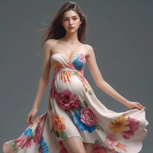 Prompt: epic masterpiece, Hyperrealistic, full body close up with (hyper detailed:1.5), petite, very young, female supermodel, young woman, with big chest, Insanely detailed, blushing lightly, wearing colorful flower summer dress, neckline to the belly, dress covers shoulders, coverd shoulders,