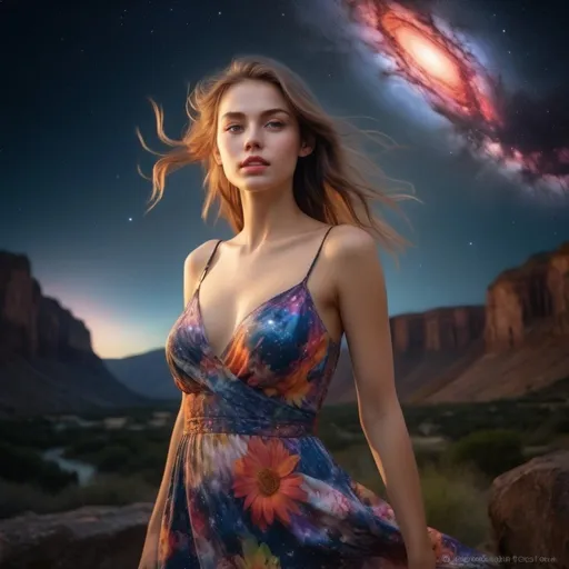 Prompt: epic masterpiece, Hyperrealistic, close up at night with (hyper detailed:1.5), petite, young, female supermodel, Insanely detailed, face turned upwards to the sky, blushing lightly with mouth open, she wears a colorful flower summer dress, surrounded by high cliffs covered in shadows, breathtaking starry night sky, galaxies, nebula,

8k photo, HDR, masterpiece, fine details, natural beauty, breathtaking, captivating, fine details, sharp, very detailed, high resolution, close up, taken with a Hasselblad H6D-100c, Hasselblad Zeiss Sonnar F 150mm f/2.8 lens, Godox SK400II Professional Compact 400Ws Studio Flash, sharp focus, fine details, 5 flash set up, Ring light for catchlight eyes, Award winning photography, pro lighting, realistic, realism 