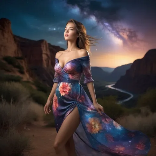 Prompt: epic masterpiece, Hyperrealistic, full body close up at night with (hyper detailed:1.5), petite, young, female supermodel with big chest, Insanely detailed, face turned upwards to the sky, blushing lightly with mouth open, she wears a colorful flower summer dress with very low neckline, surrounded by high cliffs covered in shadows, breathtaking starry night sky, galaxies, nebula,

8k photo, HDR, masterpiece, fine details, natural beauty, breathtaking, captivating, fine details, sharp, very detailed, high resolution, close up, taken with a Hasselblad H6D-100c, Hasselblad Zeiss Sonnar F 150mm f/2.8 lens, Godox SK400II Professional Compact 400Ws Studio Flash, sharp focus, fine details, 5 flash set up, Ring light for catchlight eyes, Award winning photography, pro lighting, realistic, realism 