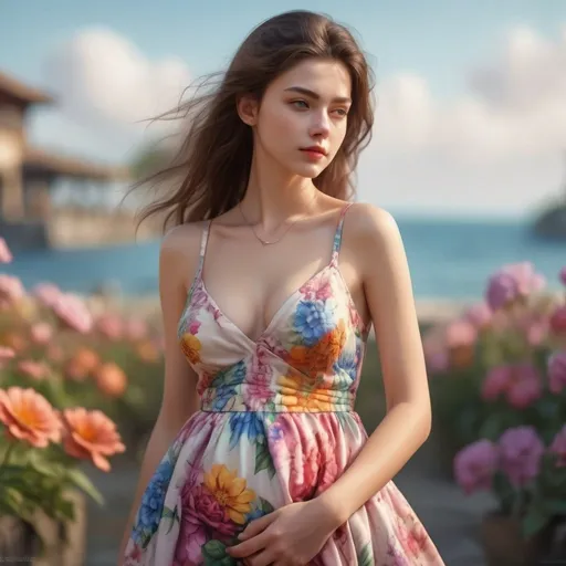 Prompt: epic masterpiece, Hyperrealistic, full body close up with (hyper detailed:1.5), petite, very young, female supermodel, young woman, with big chest, Insanely detailed, blushing lightly, wearing colorful flower summer dress, neckline to the belly, dress covers shoulders, coverd shoulders,