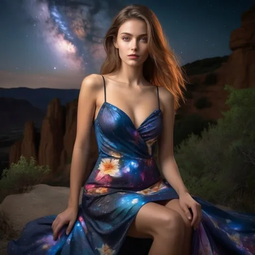 Prompt: epic masterpiece, Hyperrealistic, full body close up at night with (hyper detailed:1.5), petite, very young, female supermodel, with big chest, Insanely detailed, face turned upwards to the sky, blushing lightly, wearing colorful flower summer dress, neckline to the belly, dress covers shoulders, coverd shoulders, surrounded by high cliffs covered in shadows, breathtaking starry night sky, galaxies, nebula,

8k photo, HDR, masterpiece, fine details, natural beauty, breathtaking, captivating, fine details, sharp, very detailed, high resolution, close up, taken with a Hasselblad H6D-100c, Hasselblad Zeiss Sonnar F 150mm f/2.8 lens, Godox SK400II Professional Compact 400Ws Studio Flash, sharp focus, fine details, 5 flash set up, Ring light for catchlight eyes, Award winning photography, pro lighting, realistic, realism 