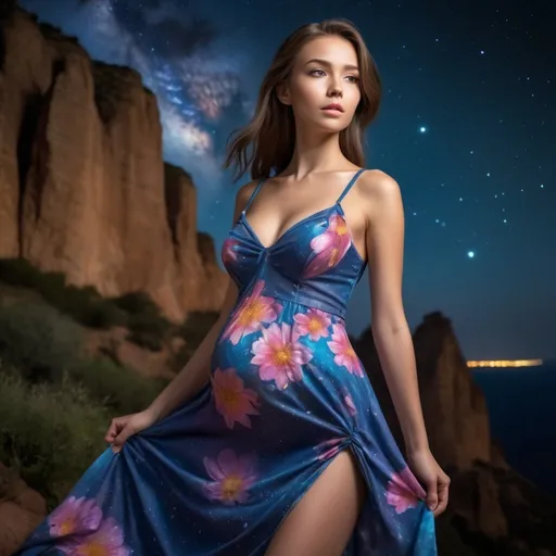 Prompt: epic masterpiece, Hyperrealistic, full body close up at night with (hyper detailed:1.5), petite, very young, female supermodel, with big chest, Insanely detailed, face turned upwards to the sky, blushing lightly, wearing colorful flower summer dress, neckline to the belly, dress covers shoulders, coverd shoulders, surrounded by high cliffs covered in shadows, breathtaking starry night sky, galaxies, nebula,

8k photo, HDR, masterpiece, fine details, natural beauty, breathtaking, captivating, fine details, sharp, very detailed, high resolution, close up, taken with a Hasselblad H6D-100c, Hasselblad Zeiss Sonnar F 150mm f/2.8 lens, Godox SK400II Professional Compact 400Ws Studio Flash, sharp focus, fine details, 5 flash set up, Ring light for catchlight eyes, Award winning photography, pro lighting, realistic, realism 