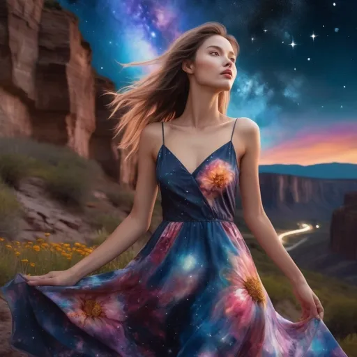 Prompt: epic masterpiece, Hyperrealistic, close up at night with (hyper detailed:1.5), petite, young, female supermodel, Insanely detailed, face turned upwards to the sky, blushing lightly with mouth open, she wears a colorful flower summer dress, surrounded by high cliffs covered in shadows, breathtaking starry night sky, galaxies, nebula,