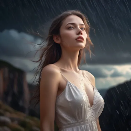 Prompt: epic masterpiece, Hyperrealistic, close up at night with (hyper detailed:1.5), petite, young, female supermodel, Insanely detailed, face turned upwards to the sky, blushing lightly with mouth open, she wears a white flower summer dress, in ((pouring rain:1.4)), surrounded by high cliffs covered in shadows, breathtaking starry night sky, galaxies, nebula,

8k photo, HDR, masterpiece, fine details, natural beauty, breathtaking, captivating, fine details, sharp, very detailed, high resolution, close up, taken with a Hasselblad H6D-100c, Hasselblad Zeiss Sonnar F 150mm f/2.8 lens, Godox SK400II Professional Compact 400Ws Studio Flash, sharp focus, fine details, 5 flash set up, Ring light for catchlight eyes, Award winning photography, pro lighting, realistic, realism 