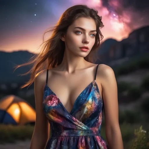 Prompt: epic masterpiece, Hyperrealistic, close up at night with (hyper detailed:1.5), petite, young, female supermodel with big chest, Insanely detailed, face turned upwards to the sky, blushing lightly with mouth open, she wears a colorful flower summer dress with low neckline, surrounded by high cliffs covered in shadows, breathtaking starry night sky, galaxies, nebula,

8k photo, HDR, masterpiece, fine details, natural beauty, breathtaking, captivating, fine details, sharp, very detailed, high resolution, close up, taken with a Hasselblad H6D-100c, Hasselblad Zeiss Sonnar F 150mm f/2.8 lens, Godox SK400II Professional Compact 400Ws Studio Flash, sharp focus, fine details, 5 flash set up, Ring light for catchlight eyes, Award winning photography, pro lighting, realistic, realism 