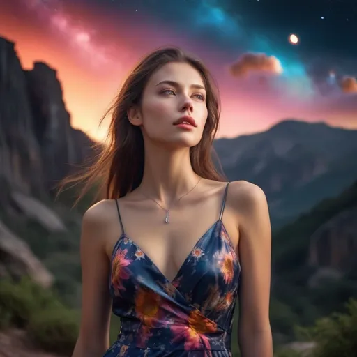 Prompt: epic masterpiece, Hyperrealistic, close up at night with (hyper detailed:1.5), petite, young, female supermodel, Insanely detailed, face turned upwards to the sky, blushing lightly with mouth open, she wears a colorful flower summer dress, with low neckline, surrounded by high cliffs covered in shadows, breathtaking starry night sky, galaxies, nebula,

8k photo, HDR, masterpiece, fine details, natural beauty, breathtaking, captivating, fine details, sharp, very detailed, high resolution, close up, taken with a Hasselblad H6D-100c, Hasselblad Zeiss Sonnar F 150mm f/2.8 lens, Godox SK400II Professional Compact 400Ws Studio Flash, sharp focus, fine details, 5 flash set up, Ring light for catchlight eyes, Award winning photography, pro lighting, realistic, realism 