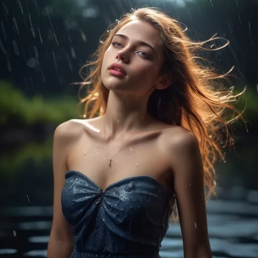 Prompt: epic masterpiece, close up at night with (hyper detailed:1.5), petite, young, female supermodel, Insanely detailed, bokeh, immersed in the water to her waist wearing, face turned upwards to the sky, blushing lightly with mouth open, she wears a transparent flower summer dress, midnight, a calm lake in ((pouring rain:1.4)), surrounded by high cliffs covered in shadows, breathtaking starry night sky, galaxies, nebula, tiny fireflies floating in the air, 8k photo, HDR, masterpiece, fine details, natural beauty, breathtaking, captivating, fine details, sharp, very detailed, high resolution, close up, taken with a Hasselblad H6D-100c, Hasselblad Zeiss Sonnar F 150mm f/2.8 lens, Godox SK400II Professional Compact 400Ws Studio Flash, sharp focus, fine details, 5 flash set up, Ring light for catchlight eyes, Award winning photography, pro lighting, realistic, realism 