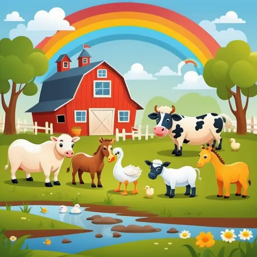 Prompt: Cartoon farm landscape with cow sheep horse bear chicks giraffe rainbow ducks swan. 
Add Text= Healthy Bear Restaurant 





