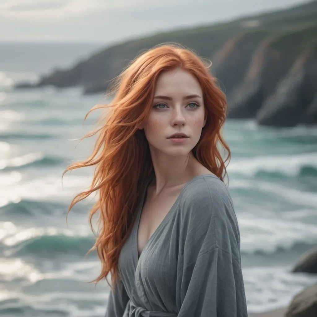 Prompt: beatiful red hair girl 4k realistic grey theme hd, sea at background, zoom out