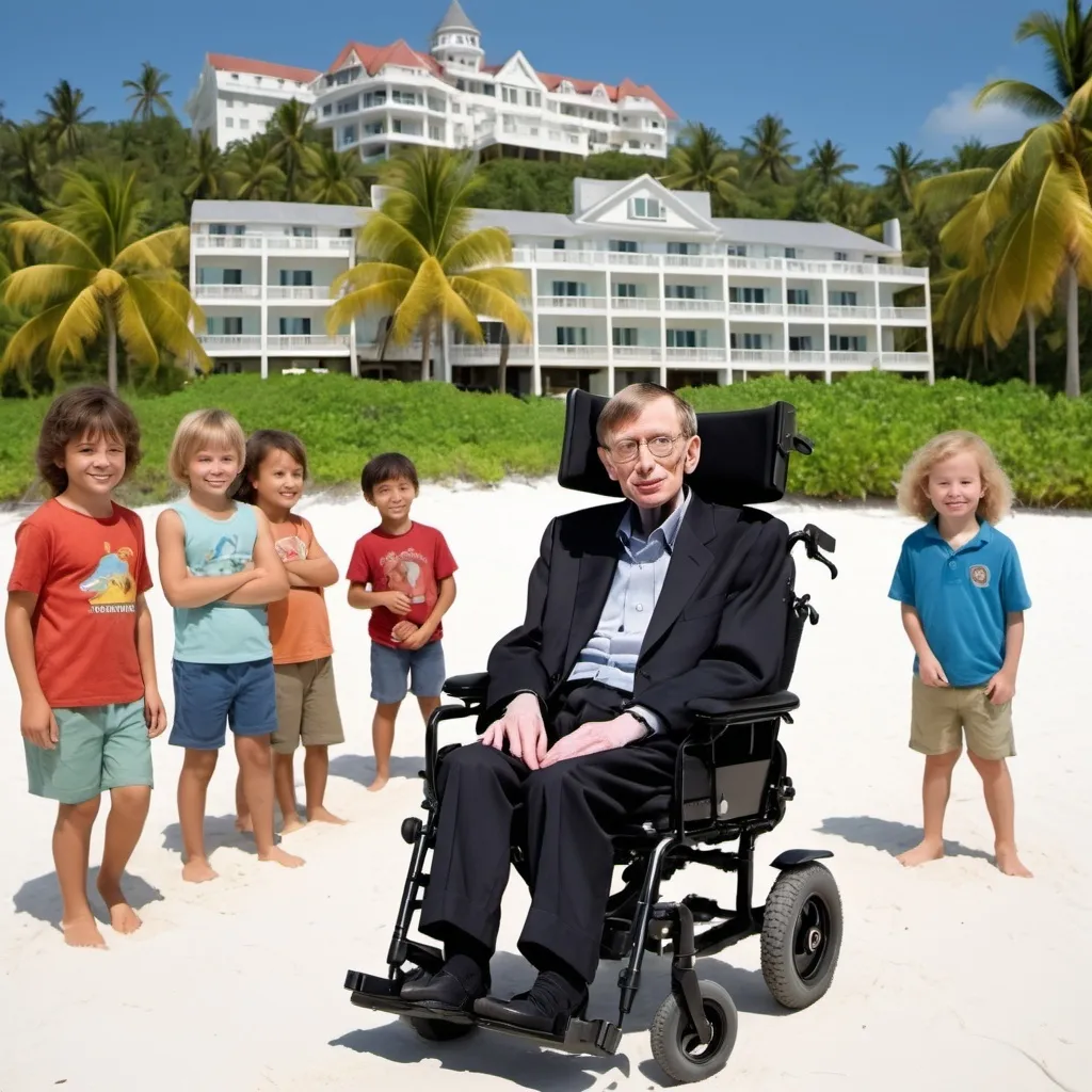 Prompt: steven hawking on an island with a hotel in the background surrounded with preschoolers

