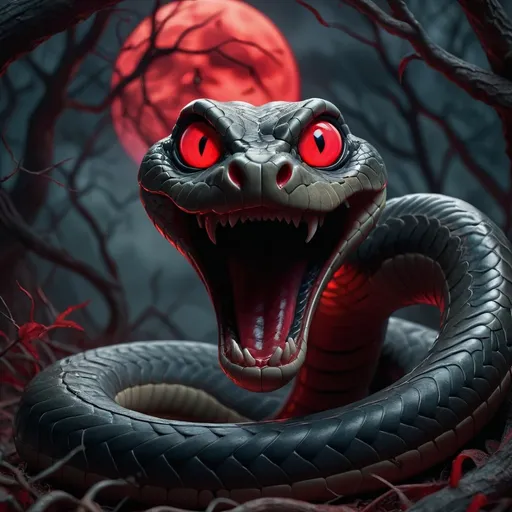 Prompt: A large serpent snake with glowing red eyes and a menacing smile, dark and eerie ambiance, under a haunting red moon, horror theme, featuring sharp scales reflecting pale light, ominous shadows casting a foreboding atmosphere, surrounded by twisted trees and misty terrain, ultra-detailed, high-definition, capturing the essence of evil and monstrosity, a captivating scene that evokes fear and tension.