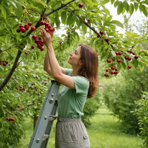 Prompt: woman picking cherries from atree. she is standing on a ladder