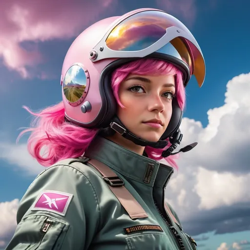 Prompt: (girl in a flight suit), showcasing a confident pilot with pink hair, wearing a stylish flight helmet, textured fabric detail, reflecting strength and adventure, (dynamic pose), vibrant colors highlighting the suit, an exhilarating sky backdrop, vast clouds and a hint of sunlight breaking through, (ultra-detailed) rendering.