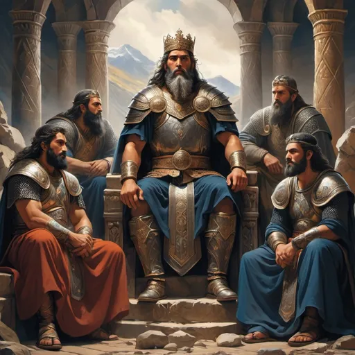 Prompt: After the flood, Noah's great-grandson, Chaos, became the most powerful of the 8 hero brothers. He sits on a royal stone throne, surrounded by his brothers. Chaos bitterly tells his brothers about the upcoming war with Nebroth. The brothers are in a Georgian (Ingush) tower, at a height, in the background you can see the mountainous nature characteristic of Urartu, and behind it the sea. brothers are standing in the terass