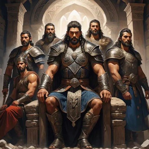 Prompt: After the flood, Noah's great-grandson, Chaos, became the most powerful of the 8 hero brothers. He sits on a royal stone throne, surrounded by his brothers. Chaos bitterly tells his brothers about the upcoming war with Nebroth. The brothers are in a Georgian (Ingush) tower, at a height, in the background you can see the mountainous nature characteristic of Urartu, and behind it the sea. brothers