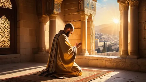 Prompt: King Vakhtang praying in ancient Jerusalem, ancient painting, detailed ornate robes, golden sunlight, historical, ancient Georgian, sacred rituals, traditional architecture, royal family, atmospheric lighting, high quality, ancient painting, traditional art, historical, detailed patterns, spiritual atmosphere, warm sunlight