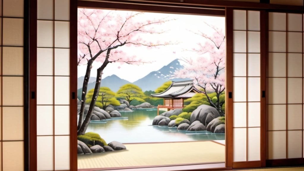 Prompt: Japanese traditional family in a tranquil garden, traditional Japanese painting, paper sliding doors, wooden architecture, serene cherry blossom trees, traditional family scene, peaceful atmosphere, high quality, traditional art, wooden, serene, tranquil, cherry blossom, peaceful, Japanese traditional, traditional family scene, serene garden, paper sliding doors, family harmony