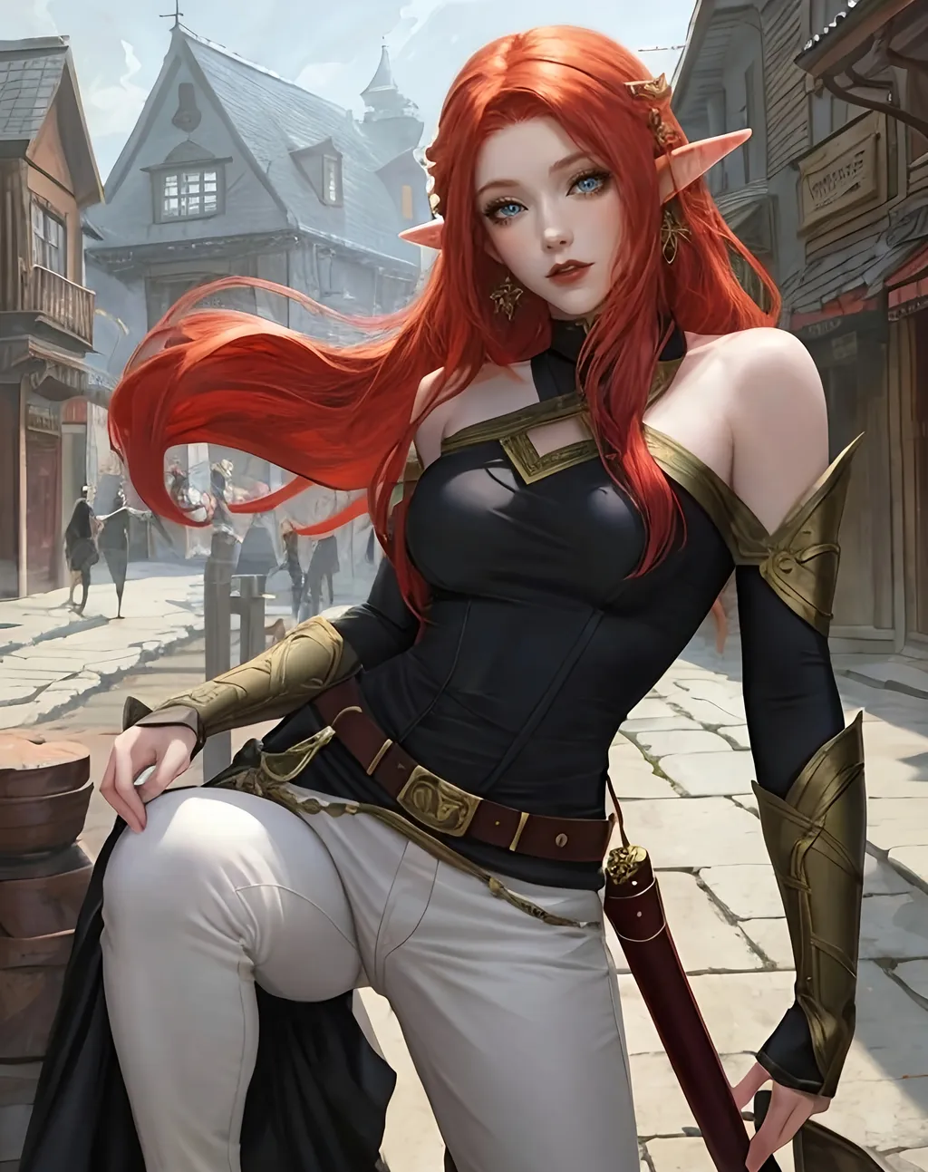 Prompt: a cartoon elf woman with shoulder red hair, in a fantasy setting, pale grayish skin, Sakimichan, anime art, a fine art painting, old town background, Masterpiece, black pants 