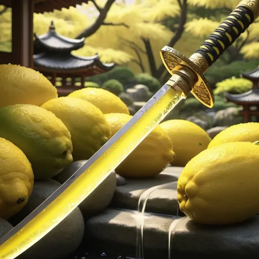 Prompt: A sharp samurai katana with traditional features but the blade is made out of only lemonade