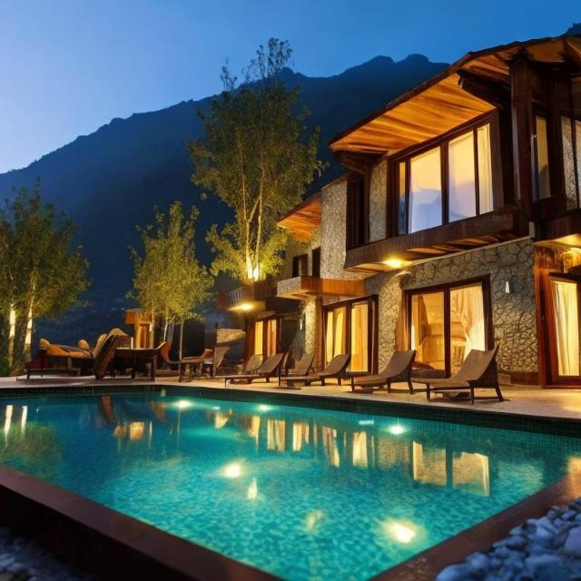 Prompt: Modern eco friendly mountain  resort suite with less  facilities in iran 