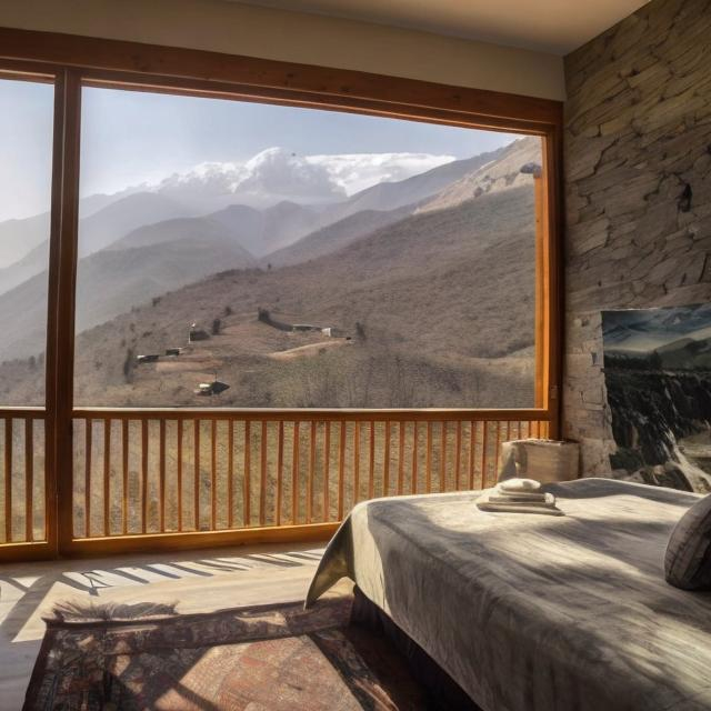 Prompt: Modern eco friendly mountain  resort suite with less  facilities in iran 