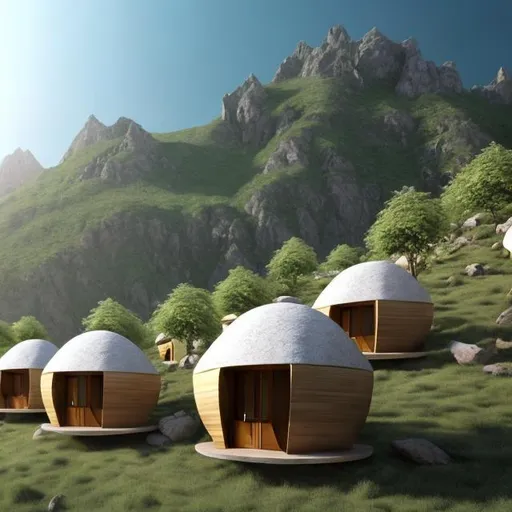 Prompt: Architectural design and concept of several one-hand huts in the mountain area and Sar Sabz, compatible with the environment and trees, in a modern and stylish style.