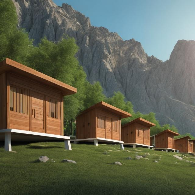 Prompt: Architectural design and concept of several one-hand huts in the mountain area and Sar Sabz, compatible with the environment and trees, in a modern and stylish style.