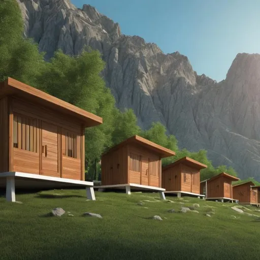 Prompt: Architectural design and concept of several one-hand huts in the mountain area and Sar Sabz, compatible with the environment and trees, in a modern and stylish style.