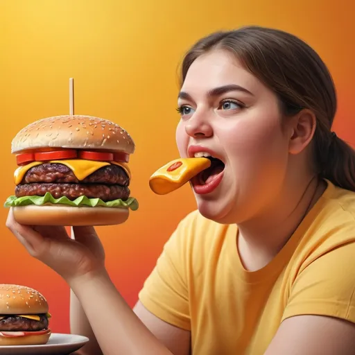 Prompt: Create an image with defines we are what we eat, showing a human eating a burger and a human eating fruit. Show the human with a burger as overweight and sweating and the human eating fruit as young and beautiful