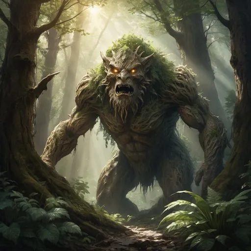 Prompt: creature emerging from the forest, mountainous region, dense foliage, rugged texture, mystical atmosphere, high quality, realistic, fantasy, earthy tones, dappled sunlight, majestic presence, ancient, atmospheric lighting, nature, fantasy art