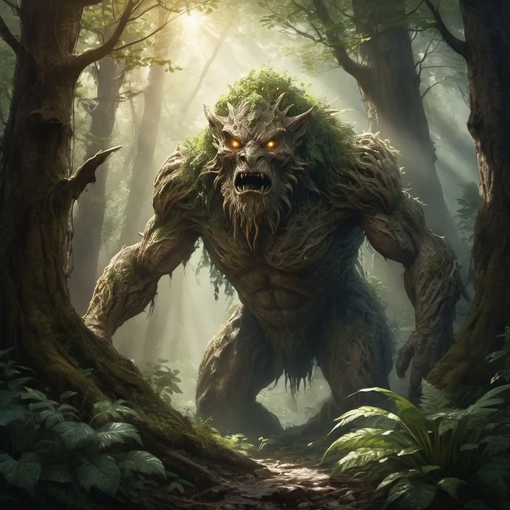 Prompt: creature emerging from the forest, mountainous region, dense foliage, rugged texture, mystical atmosphere, high quality, realistic, fantasy, earthy tones, dappled sunlight, majestic presence, ancient, atmospheric lighting, nature, fantasy art