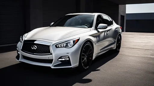 Prompt: Hyper-realistic photo of a INFINITI q50 3.0t, white, black wheels, sitting alone in a shadowy parking lot. The car's headlights are on, casting light on the sleek lines and contours of its body. The dark environment adds a sense of mystery and drama, with reflections and shadows enhancing the vehicle's elegant design. The image has a photographic quality, emphasizing the Porsche's blend of luxury and performance.