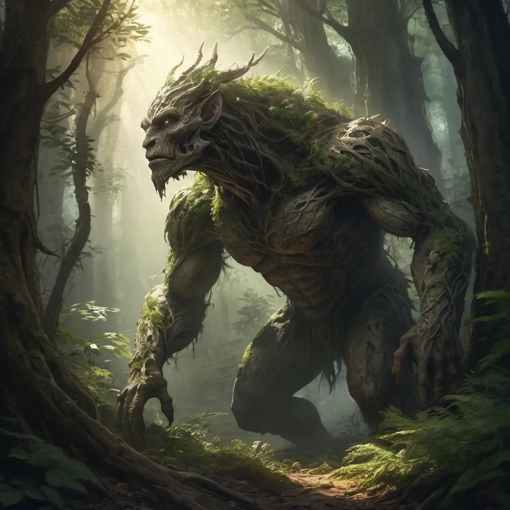 Prompt: creature emerging from the forest, mountainous region, dense foliage, rugged texture, mystical atmosphere, high quality, realistic, fantasy, earthy tones, dappled sunlight, majestic presence, ancient, atmospheric lighting, nature, fantasy art