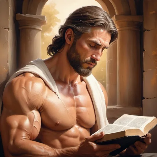 Prompt: Muscular, stoic man reading Bible, compassionate expression, detailed facial features, high quality, traditional painting, warm tones, soft lighting, realistic style, peaceful setting