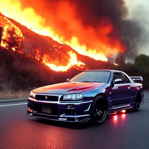 Prompt: Nissan Skyline r34, hyper realistic, 3:4 fire behind, parked on road, people chanting around